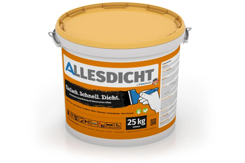Een emmer met 25 kg ALLESDICHT, de praktische vloeibare afdichtingskit van WARCO, die na droging een zeer elastische en duurzaam afgedichte rubberen huid vormt.