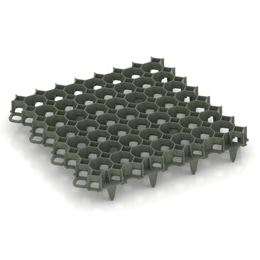 Das Rasengitter oder Kunststoff-Wabengitter von WARCO hat Spikes, mit denen sich die Elemente im Boden festkrallen und miteinander verketten.