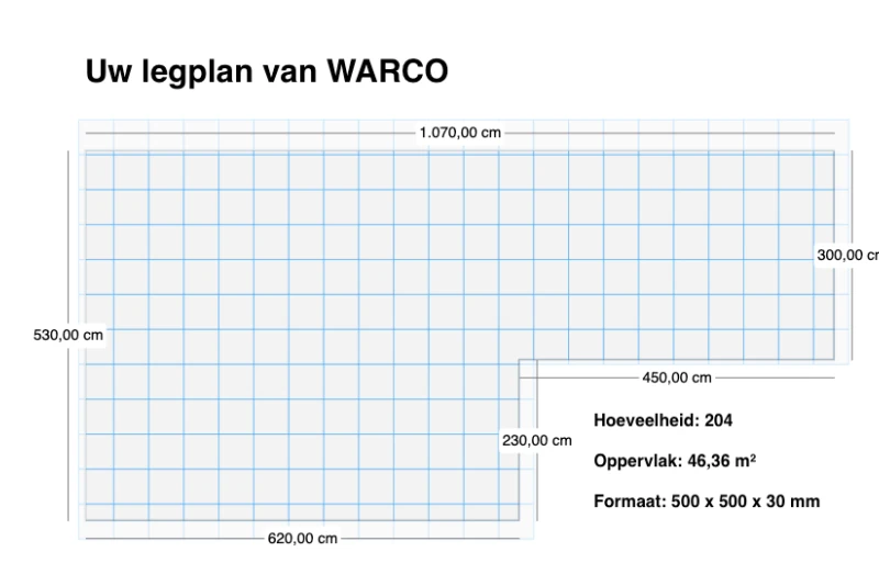 Legplan voor een terras. De afmetingen zijn in vakken getekend en maken het gemakkelijker om Warco-platen te leggen.