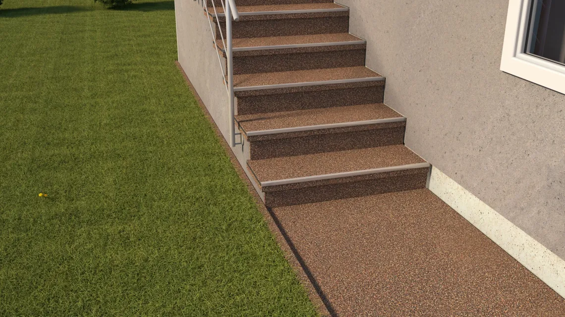 Beispielhafte Verlegung für den Artikel 0291 von WARCO - Rubberen traptegel, Farbton Schors & Bast in der Abmessung 1000 x 1000 x 18 mm.