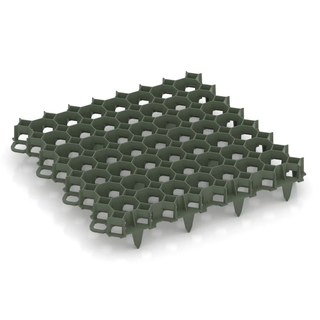 Kunststof grindplaat von WARCO im Farbdesign Matgroen mit den Abmessungen 47,6 x 47,6 x 4 cm | 0,23 m². Produktfoto von Artikel 3634 in der Aufsicht von schräg vorne.