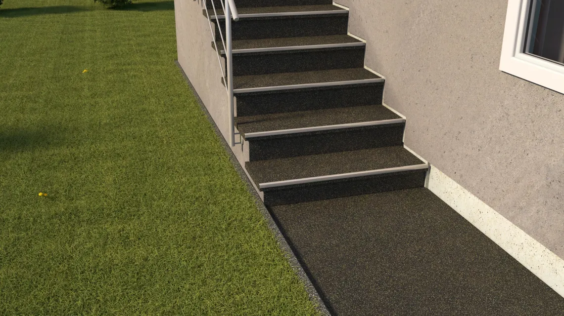 Beispielhafte Verlegung für den Artikel 0986 von WARCO - Treppenfliese, Farbton Leicht Gelb Gesprenkelt in der Abmessung 485 x 485 x 16 mm | 0,235 m².