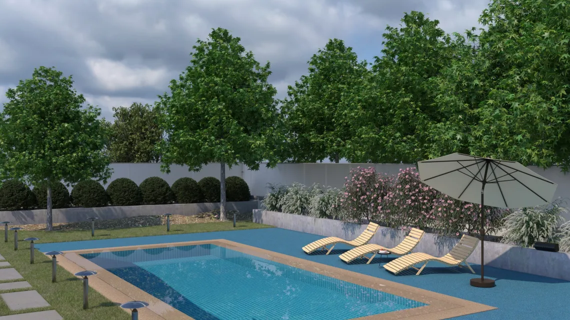 Beispielhafte Verlegung für den Artikel 1216 von WARCO - Dalle plage de piscine Classique, Farbton Atlantique in der Abmessung 500 x 500 x 30 mm.