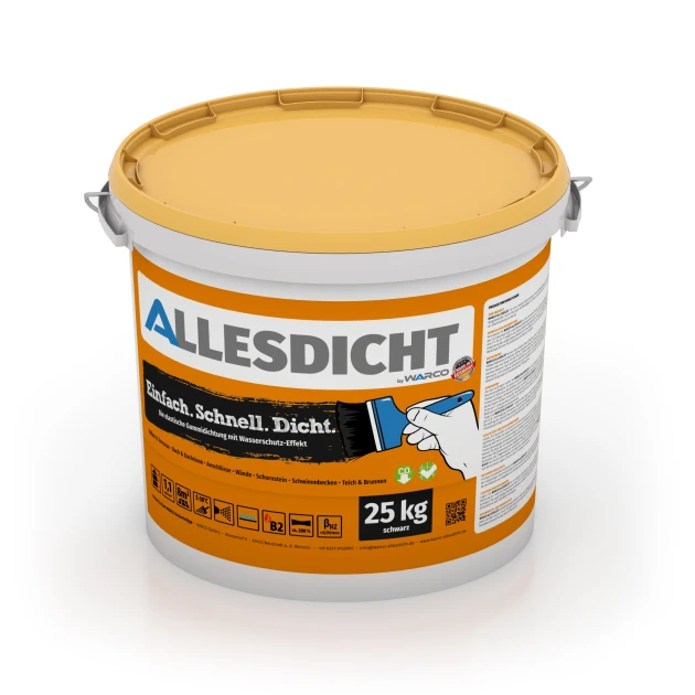 ALLESDICHT – Waterdichting von WARCO im Farbdesign Zwart mit den Abmessungen 25 kg | 7,6 m². Produktfoto von Artikel 0024 in der Aufsicht von schräg vorne.