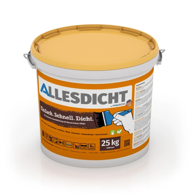 ALLESDICHT – Étanchéité de WARCO en couleur brun-rouge au format 25 kg | 7,6 m². La photo de l’article 0025 dans la vue complète de face.