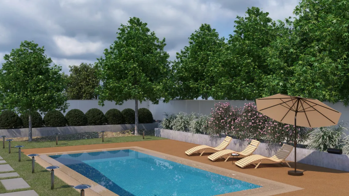 Beispielhafte Verlegung für den Artikel 2729 von WARCO - Dalle plage de piscine, Farbton Terre cuite in der Abmessung 500 x 500 x 30 mm.