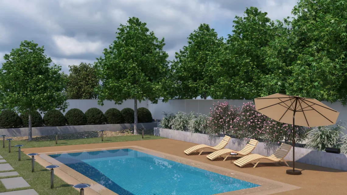 Beispielhafte Verlegung für den Artikel 2738 von WARCO - Dalle plage de piscine, Farbton Maroc in der Abmessung 500 x 500 x 30 mm.