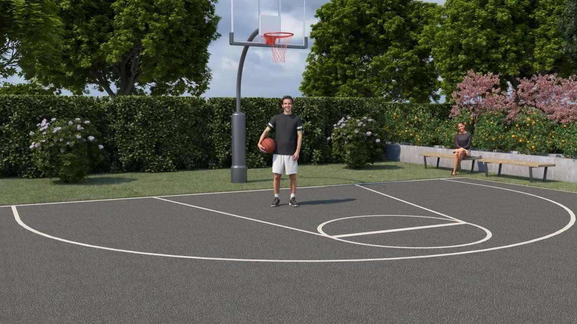 Beispielhafte Verlegung für den Artikel 4145 von WARCO - Ballspielplatte, Farbton Dunkelgrauer Granit in der Abmessung 500 x 500 x 50 mm.