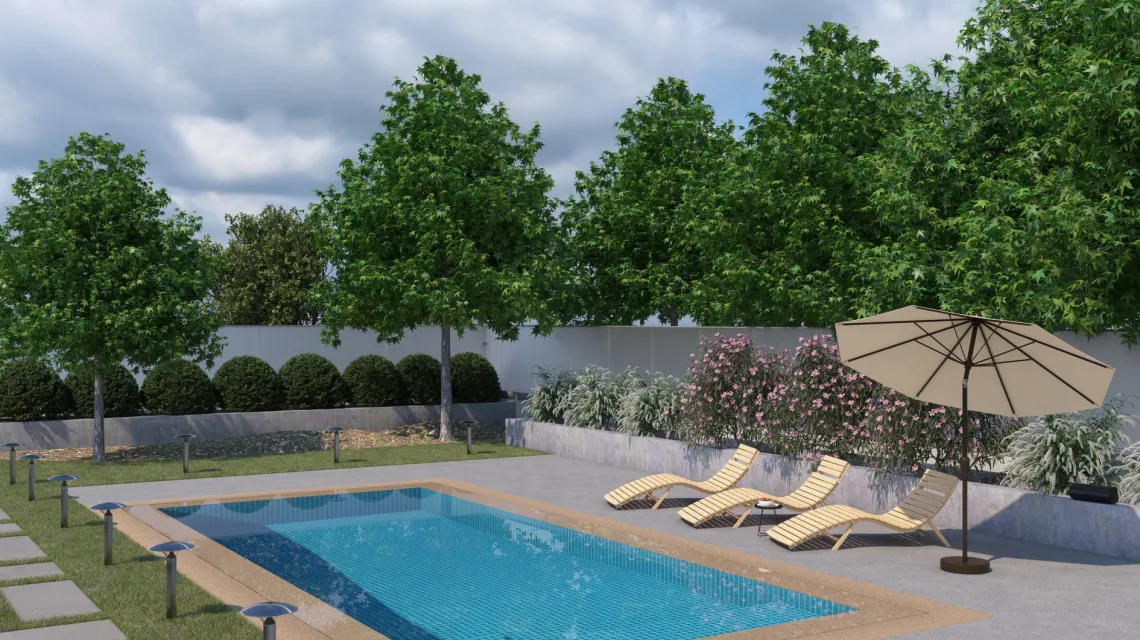 Beispielhafte Verlegung für den Artikel 4533 von WARCO - Dalle plage de piscine, Farbton Gris mélange in der Abmessung 500 x 500 x 30 mm.