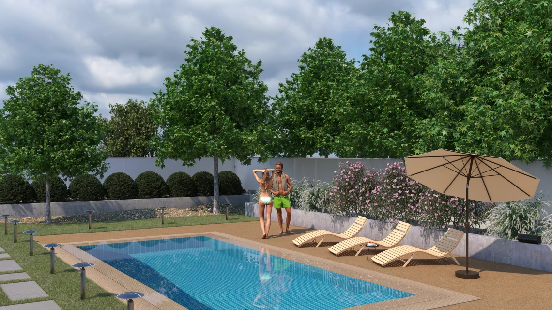 Beispielhafte Verlegung für den Artikel 5235 von WARCO - Dalle plage de piscine sans joints, Farbton Rattan in der Abmessung 30,6 x 30,6 x 3 cm | 0,094 m².