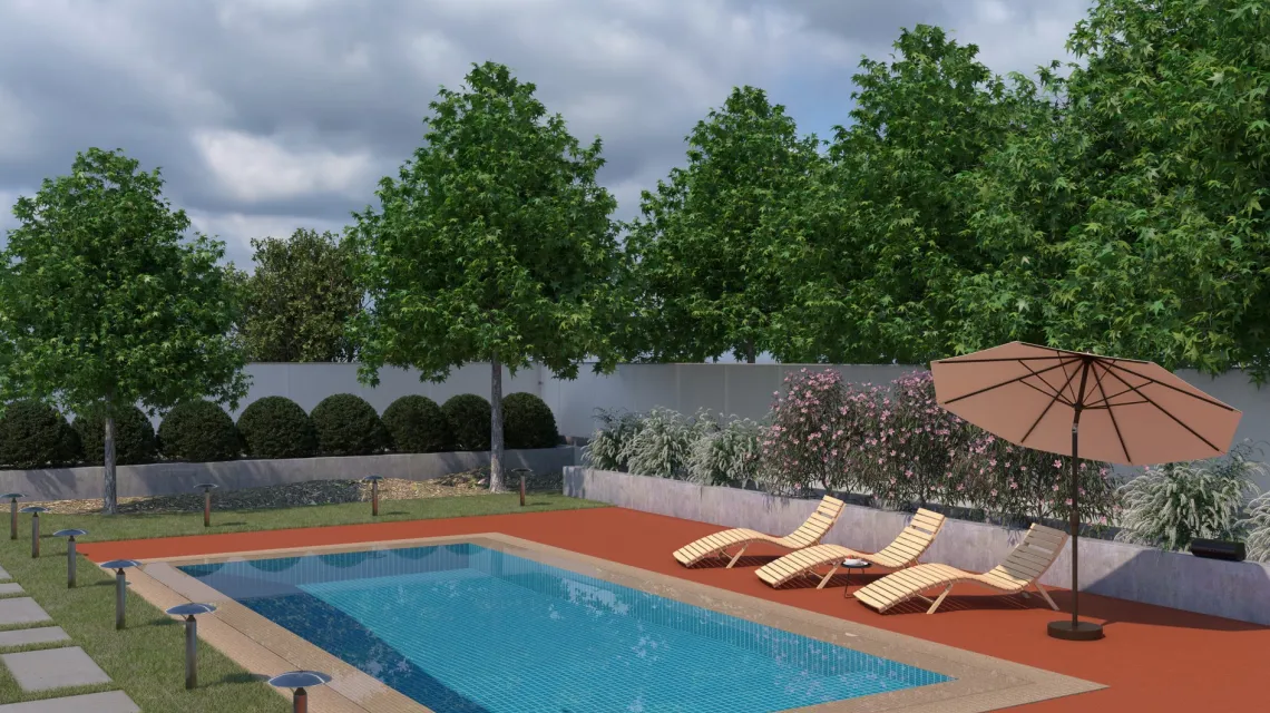 Beispielhafte Verlegung für den Artikel 5294 von WARCO - Dalle plage de piscine, Farbton Rouge-Orange Clair in der Abmessung 500 x 500 x 30 mm.