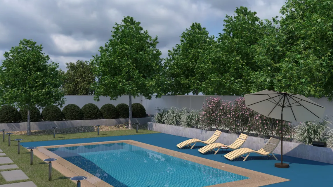 Beispielhafte Verlegung für den Artikel 5296 von WARCO - Dalle plage de piscine, Farbton Bleu ciel in der Abmessung 500 x 500 x 30 mm.