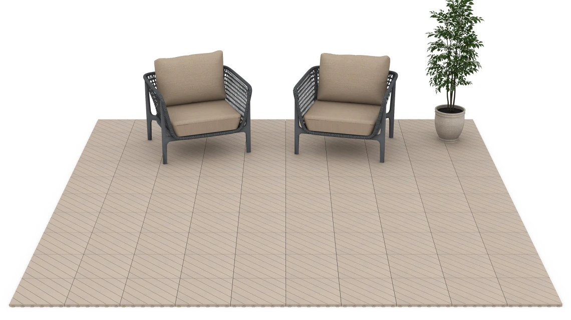 Beispielhafte Verlegung für den Artikel 6327 von WARCO - Fischgrät – Klickfliese, Farbton Vanille in der Abmessung 38,5 x 38,5 x 2 cm.