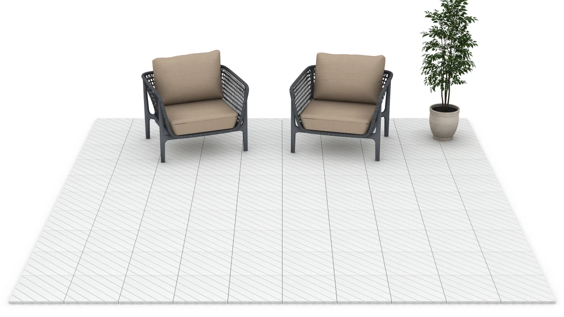 Beispielhafte Verlegung für den Artikel 6328 von WARCO - Fischgrät – Klickfliese, Farbton Kreide in der Abmessung 38,5 x 38,5 x 2 cm.