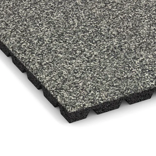 La vue détaillée sur les bords du produit WARCO 5328, Dalle amortissante, au format 500 x 500 x 30 mm, en couleur Granit classique.