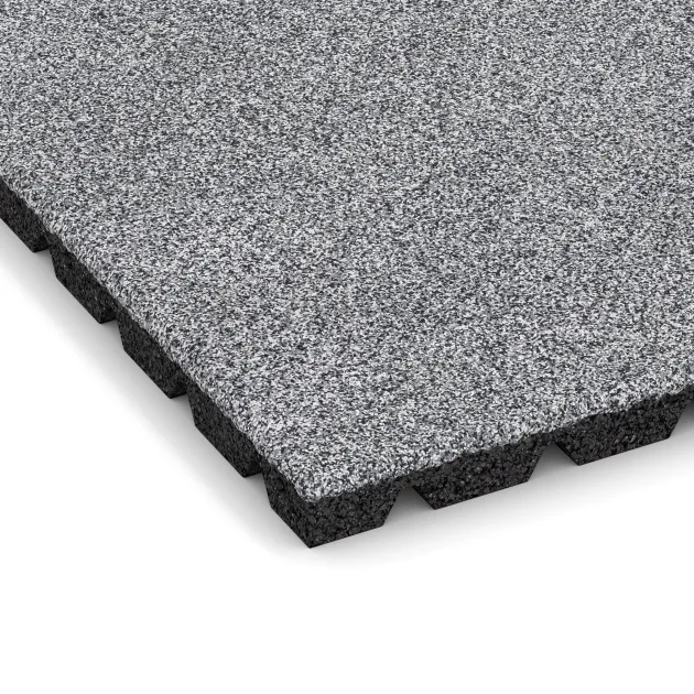 La vue détaillée sur les bords du produit WARCO 5334, Dalle amortissante, au format 500 x 500 x 30 mm, en couleur Gris mélange.