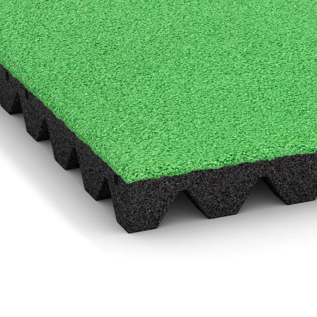 La vue détaillée sur les bords du produit WARCO 0685, Dalle amortissante, au format 500 x 500 x 50 mm, en couleur Vert Mai.