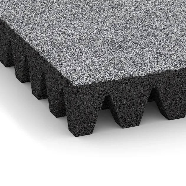 La vue détaillée sur les bords du produit WARCO 5376, Dalle amortissante, au format 500 x 500 x 80 mm, en couleur Gris mélange.