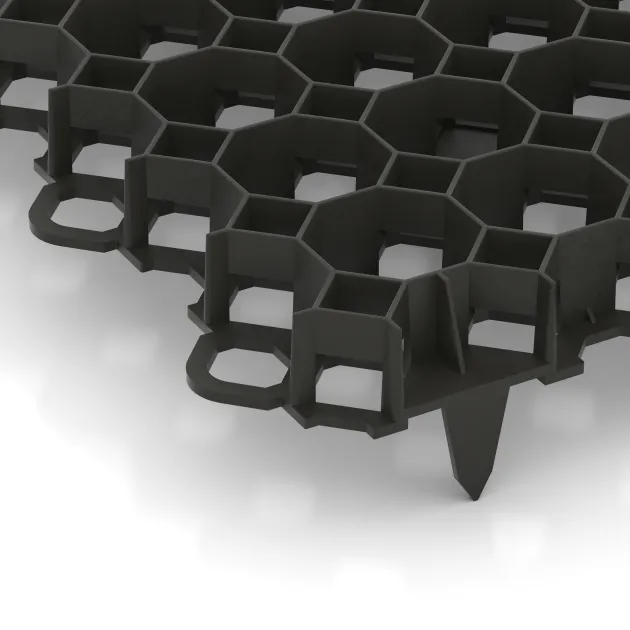 Detailaufnahme der Randausprägung von WARCO-Produkt 5207, Kunststof grindplaat, Format 476 x 476 x 40 mm, Farbe Matzwart.