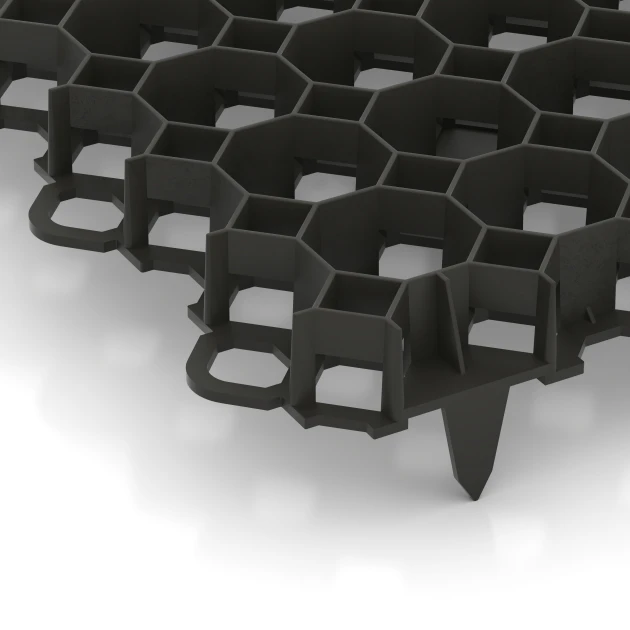 Detailaufnahme der Randausprägung von WARCO-Produkt 5207, Kunststof grindplaat, Format 476 x 476 x 40 mm, Farbe Matzwart.