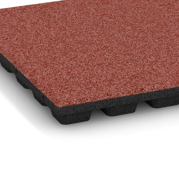 Detailaufnahme der Randausprägung von WARCO-Produkt 6292, Fallschutzplatten, Format 50 x 50 x 4,8 cm, Farbe Tomatenrot.