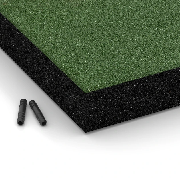 Detailaufnahme der Randausprägung von WARCO-Produkt 6207, Fallschutzplatten, Format 50 x 50 x 8 cm, Farbe Grasgrün.