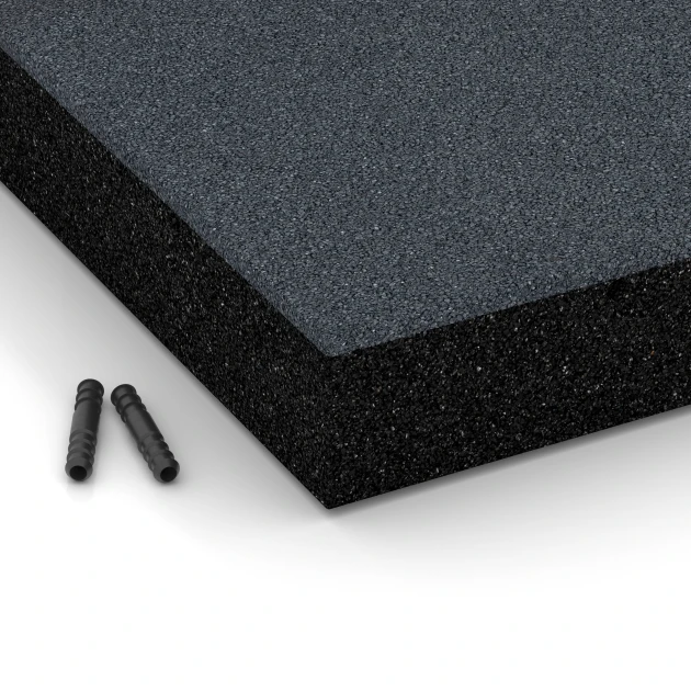 Detailaufnahme der Randausprägung von WARCO-Produkt 6233, Rubberen speelplaatstegels, Format 50 x 50 x 8 cm, Farbe Leisteengrijs.