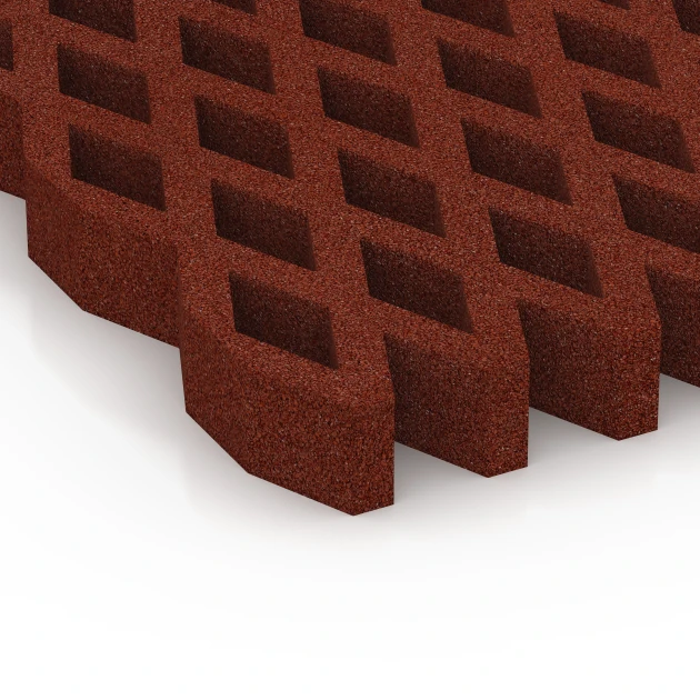 Detailaufnahme der Randausprägung von WARCO-Produkt 7013, Fallschutz-Rasengittermatte, Format 100 × 100 × 8 cm, Farbe Ziegelrot.