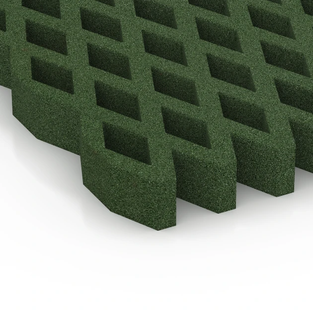 Detailaufnahme der Randausprägung von WARCO-Produkt 7014, Fallschutz-Rasengittermatte, Format 100 × 100 × 8 cm, Farbe Grasgrün.