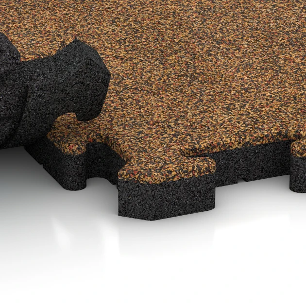 Großaufnahme vom Verbindungssystem von WARCO-Boden 2852 - Fallschutz-Puzzlematte im Farbdesign Terra Cotta. Abmessungen 50 x 50 x 4 cm | 0,25 m².