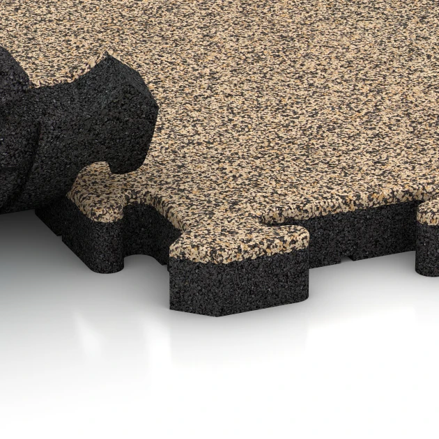 Großaufnahme vom Verbindungssystem von WARCO-Boden 2940 - Fitness Vloerbeschermingsmat im Farbdesign Travertin. Abmessungen 500 x 500 x 40 mm.