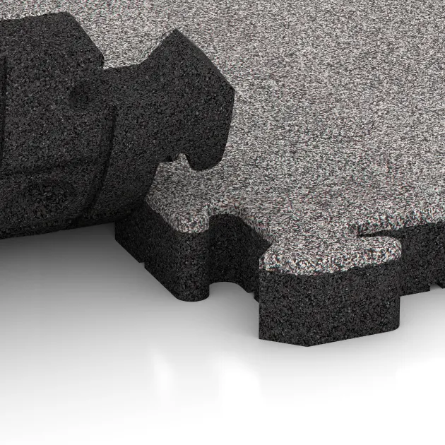 Großaufnahme vom Verbindungssystem von WARCO-Boden 4563 - Rubber sportvloer HD im Farbdesign Grijs Melange. Abmessungen 500 x 500 x 50 mm.