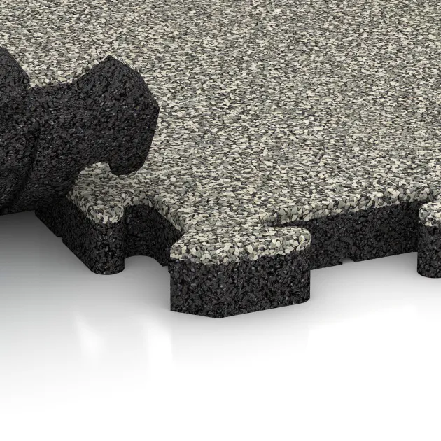 Großaufnahme vom Verbindungssystem von WARCO-Boden 4982 - Eckplatte HD im Farbdesign Heller Granit. Abmessungen 235 x 235 x 40 mm.