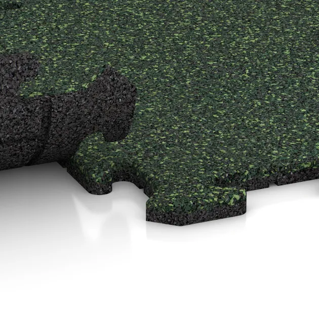 Großaufnahme vom Verbindungssystem von WARCO-Boden 0057 - Speelmat im Farbdesign Engels Gras. Abmessungen 500 x 500 x 18 mm.