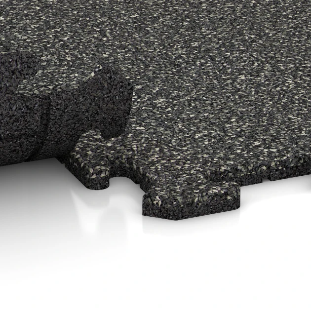 Großaufnahme vom Verbindungssystem von WARCO-Boden 0314 - Fitnessvloer Mat 18 mm im Farbdesign Donkergrijs graniet. Abmessungen 100 x 100 x 1,8 cm | 1,00 m².