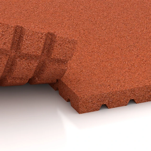 Großaufnahme vom Verbindungssystem von WARCO-Boden 3641 - Stalmat HD im Farbdesign Baksteenrood. Abmessungen 100 x 100 x 4 cm.