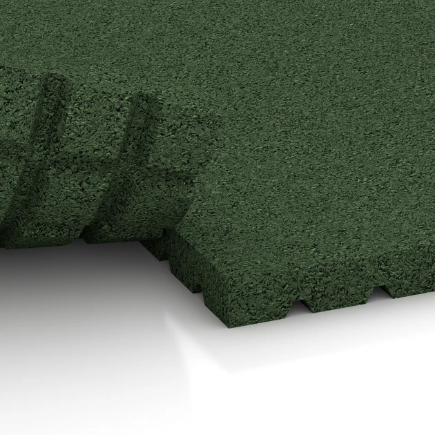 Großaufnahme vom Verbindungssystem von WARCO-Boden 3642 - Stalmat HD im Farbdesign Grasgroen. Abmessungen 100 x 100 x 4 cm.