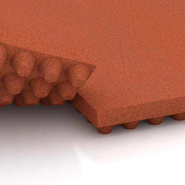 Großaufnahme vom Verbindungssystem von WARCO-Boden 3644 - Luxe stalmat im Farbdesign Baksteenrood. Abmessungen 100 × 50 × 5,5 cm.
