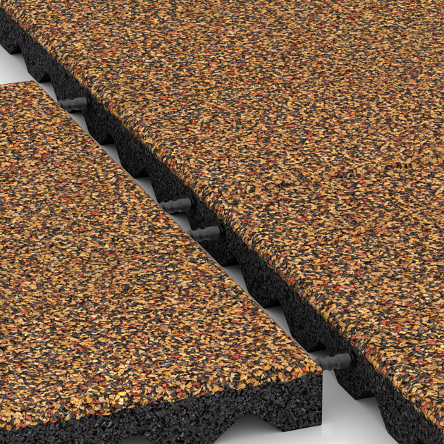 Großaufnahme vom Verbindungssystem von WARCO-Boden 5336 - Valtegel im Farbdesign Terra Cotta. Abmessungen 500 x 500 x 40 mm.