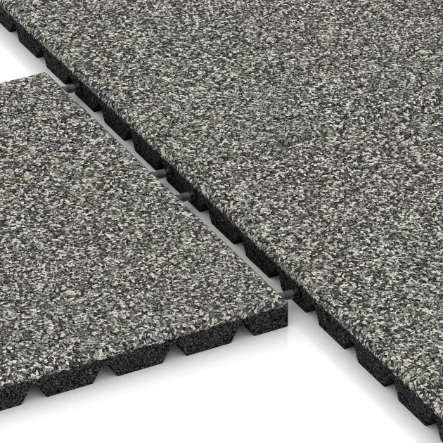 Le gros plan sur le système de connexion des revêtements de sol WARCO 5328 - Dalle amortissante en couleur Granit classique. Les dimensions 500 x 500 x 30 mm.