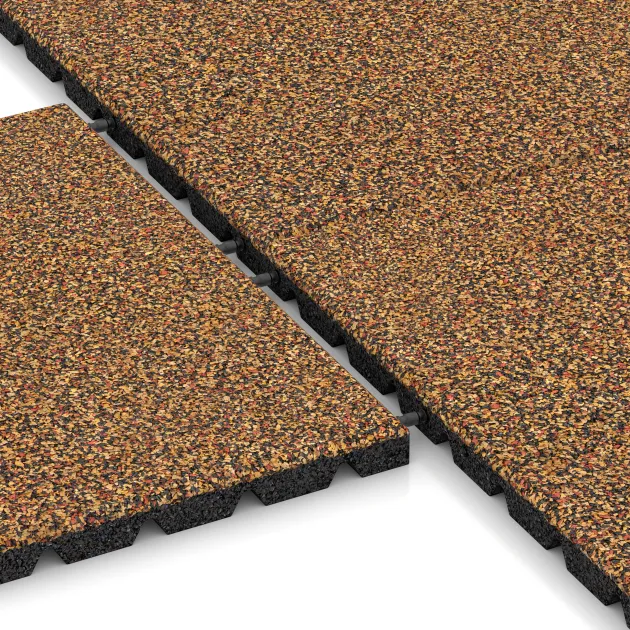 Le gros plan sur le système de connexion des revêtements de sol WARCO 5322 - Dalle amortissante en couleur Terre cuite. Les dimensions 500 x 500 x 30 mm.