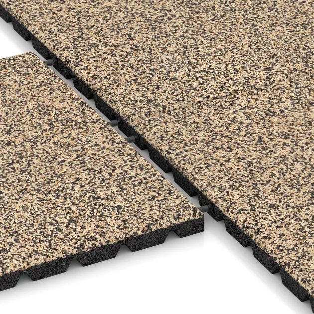 Le gros plan sur le système de connexion des revêtements de sol WARCO 5321 - Dalle amortissante en couleur Travertin. Les dimensions 500 x 500 x 30 mm.