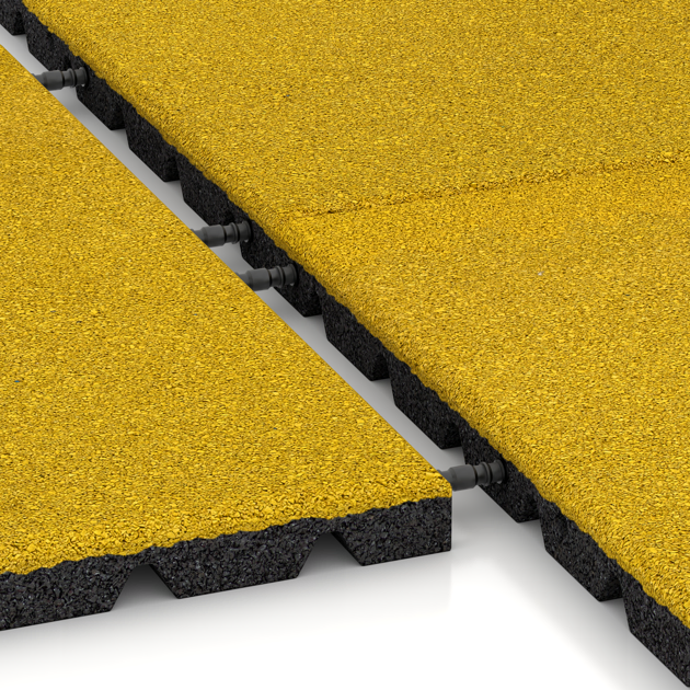 Le gros plan sur le système de connexion des revêtements de sol WARCO 0546 - Dalle amortissante en couleur Jaune Citron. Les dimensions 500 x 500 x 30 mm.