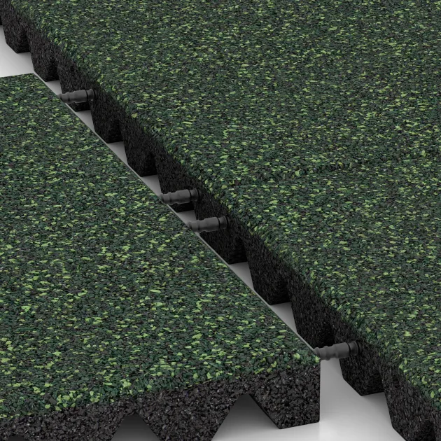 Großaufnahme vom Verbindungssystem von WARCO-Boden 0643 - Valtegel im Farbdesign Engels Gras. Abmessungen 500 x 500 x 45 mm.