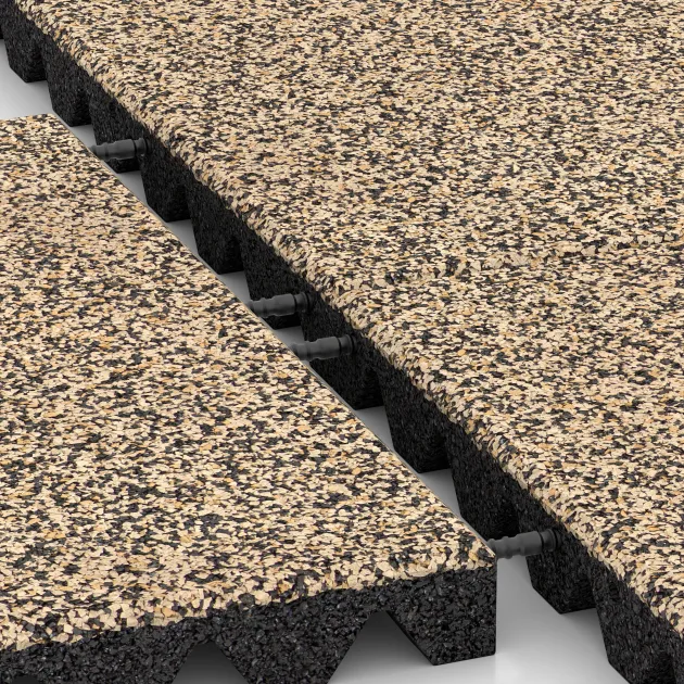 Großaufnahme vom Verbindungssystem von WARCO-Boden 0648 - Valtegel im Farbdesign Travertin. Abmessungen 500 x 500 x 45 mm.