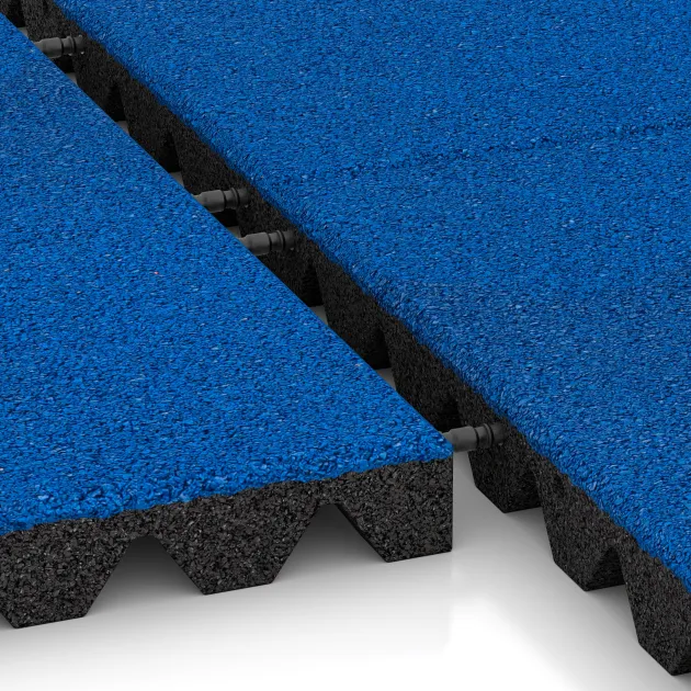 Großaufnahme vom Verbindungssystem von WARCO-Boden 0629 - Valtegel im Farbdesign Gentiaanblauw. Abmessungen 500 x 500 x 45 mm.