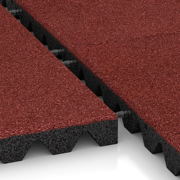 Großaufnahme vom Verbindungssystem von WARCO-Boden 0630 - Valtegel im Farbdesign Koraalrood. Abmessungen 500 x 500 x 45 mm.