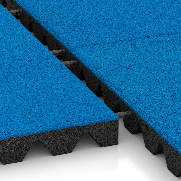 Großaufnahme vom Verbindungssystem von WARCO-Boden 0631 - Valtegel im Farbdesign Hemelsblauw. Abmessungen 500 x 500 x 45 mm.