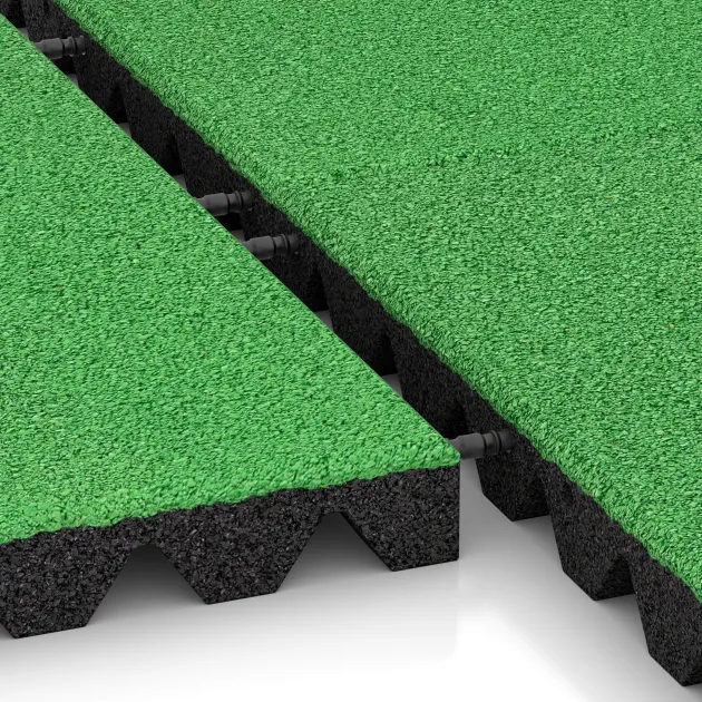 Großaufnahme vom Verbindungssystem von WARCO-Boden 0635 - Valtegel im Farbdesign Meigroen. Abmessungen 500 x 500 x 45 mm.
