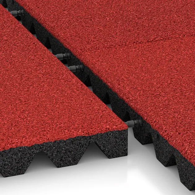 Großaufnahme vom Verbindungssystem von WARCO-Boden 0639 - Valtegel im Farbdesign Roos. Abmessungen 500 x 500 x 45 mm.